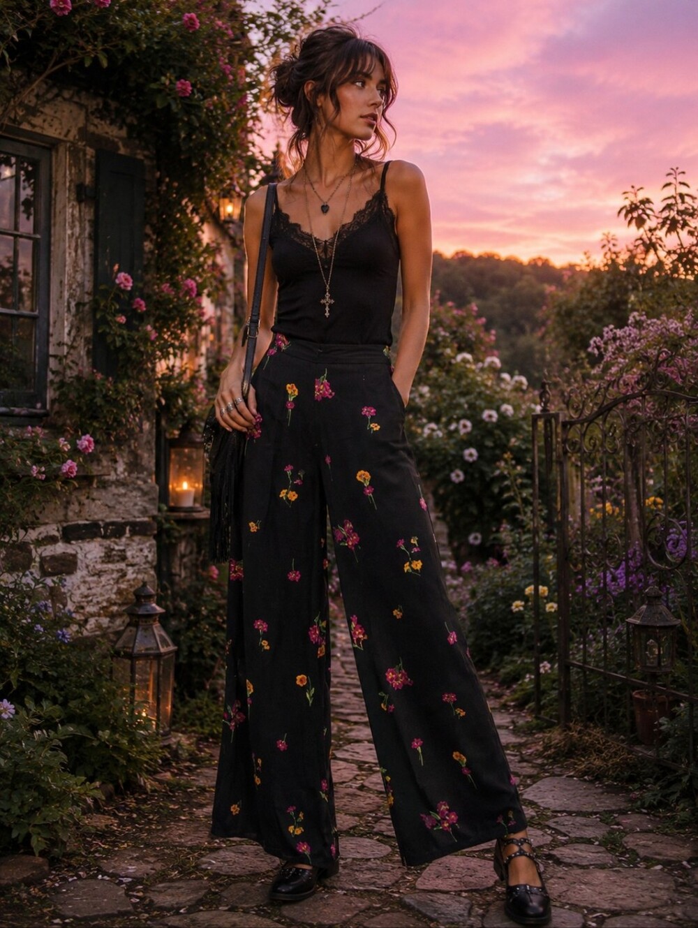 Vtg 90ss Betsey Johnson black floral wide leg pants